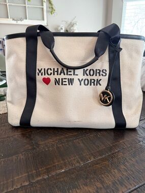 Michael Kors Cream & Black Canvas Tote with Red Heart